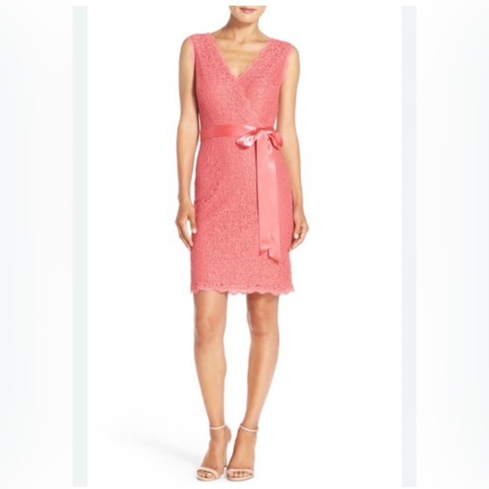 Adrianna Papell Coral Lace Faux Wrap Sheath Dress - size 14